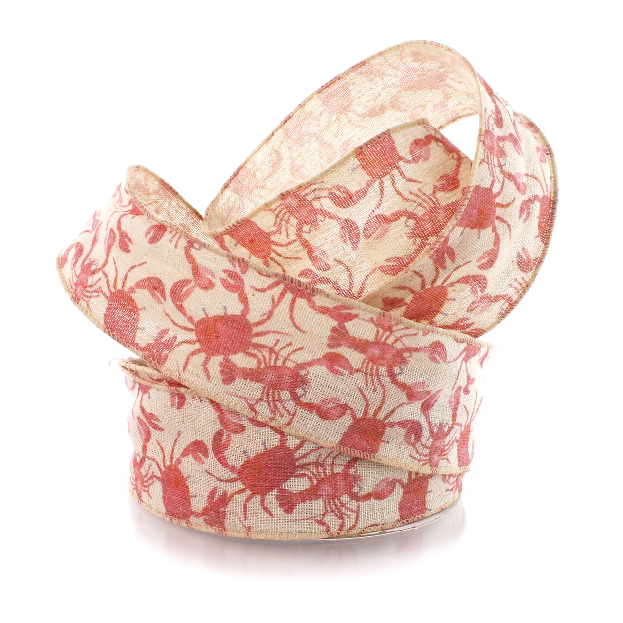 2 1/2" Wired Ribbon Nautical Red Crabs & Lobsters Burlap 10 Yards